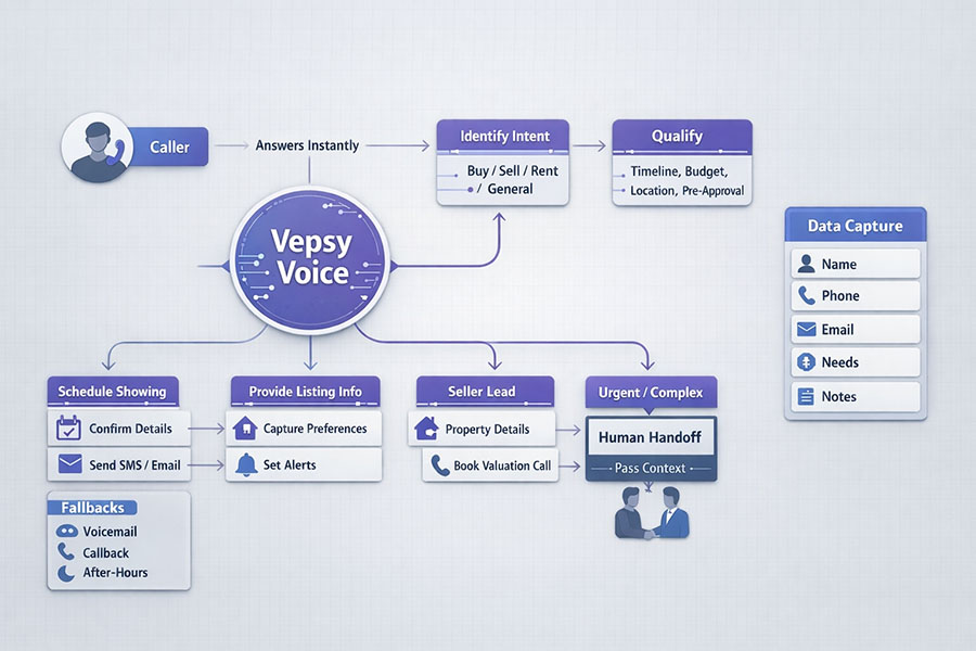Example Vepsy voice agent call flow: routing a caller to scheduling, listing info, seller leads, or a human handoff, while capturing name, phone, email, needs and notes
